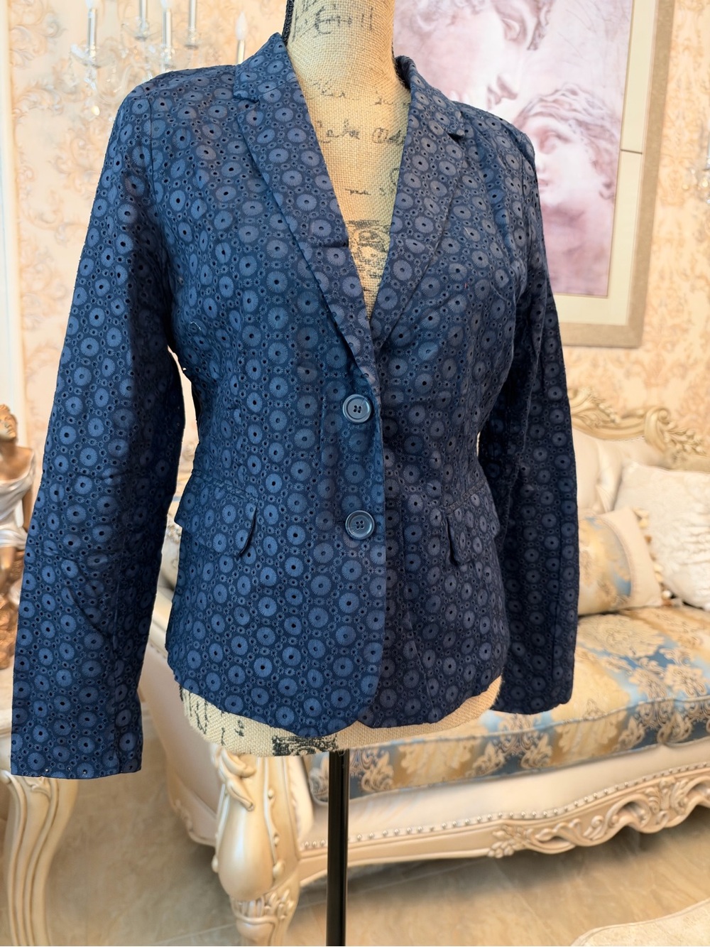 Cynthia Rowley Navy Eyelet Two-Button Blazer